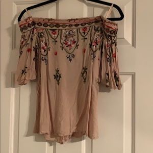 Democracy embroidered off the shoulder top